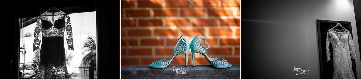 detalhes do vestido de noiva rendado e sandália azul durante o making of do destination wedding em buzios