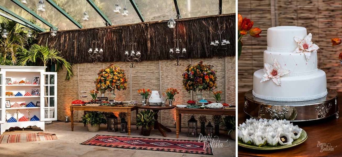 decoração laranja e azul  com bolo de casamento branco destination wedding buzios praia da tartaruga