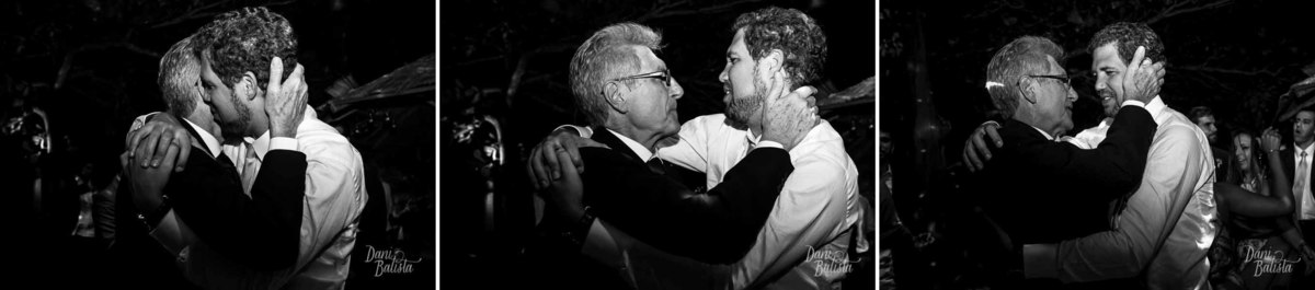 noivo e pai se abraçando no final do casamento em buzios