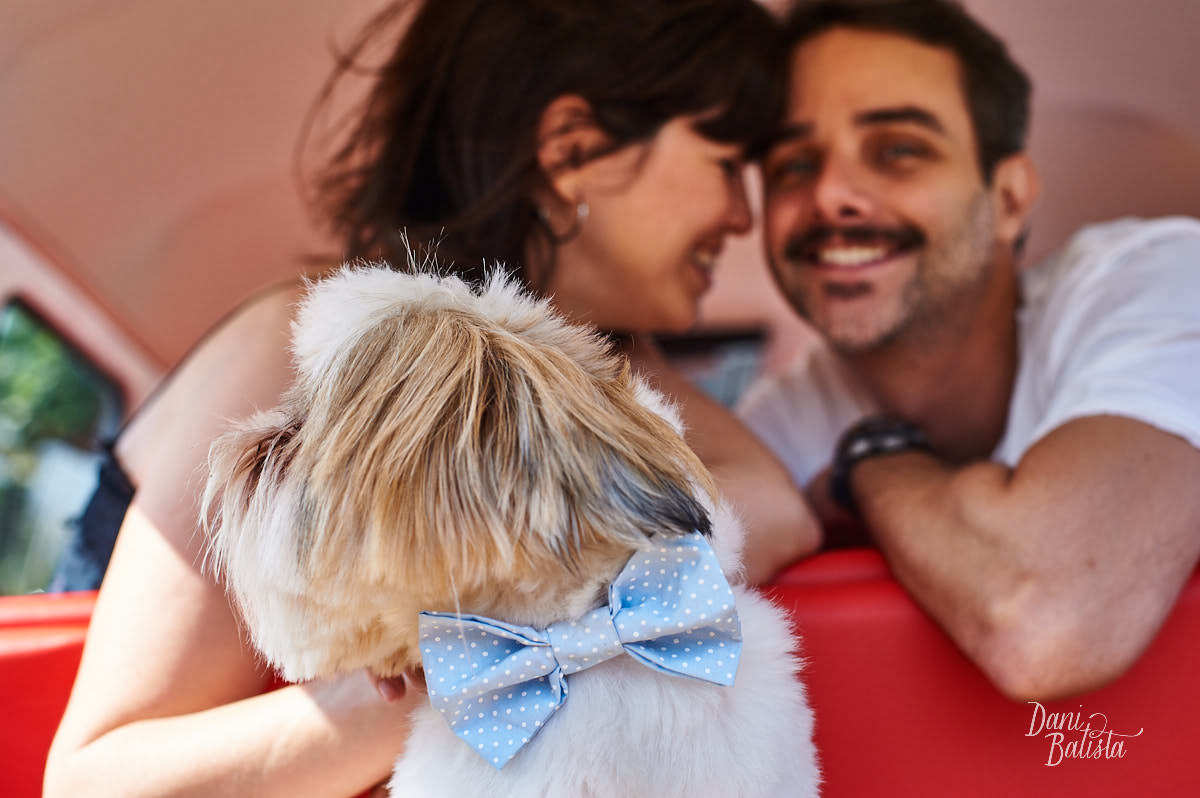 Cachorro fofo Lino durante ensaio de fotos de casal rj