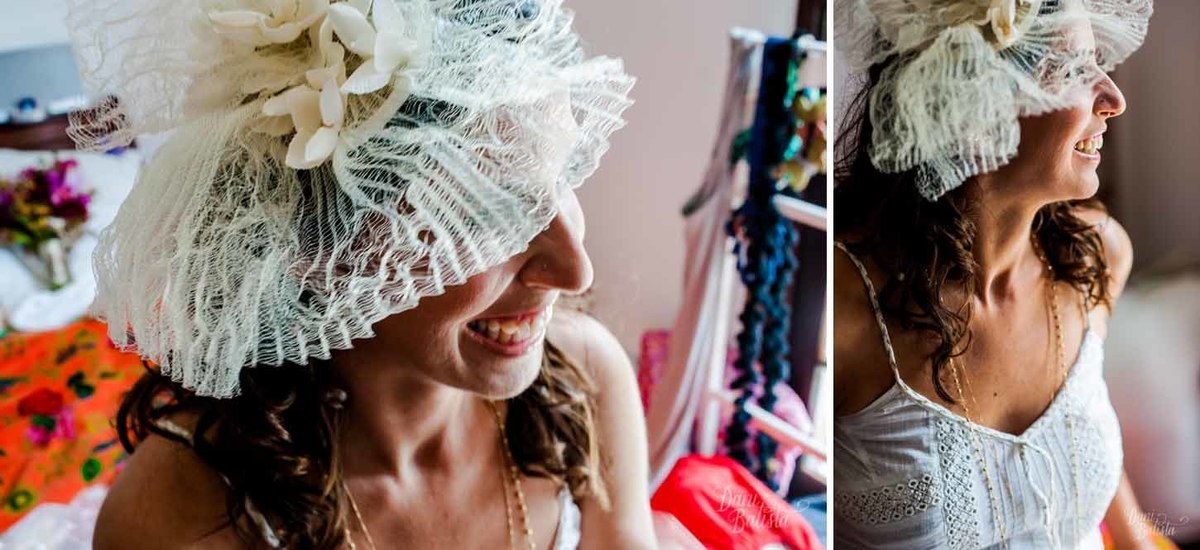 fascinator de noiva durante os preparativos do casamento em casa