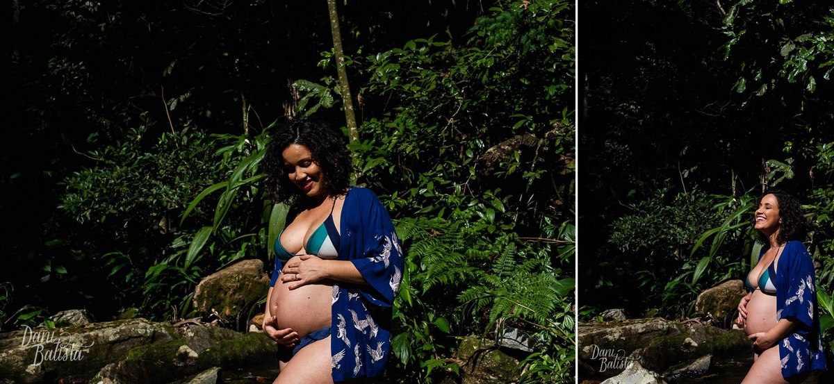 Gestante feliz durante Ensaio no rio dentro da Floresta da Tijuca