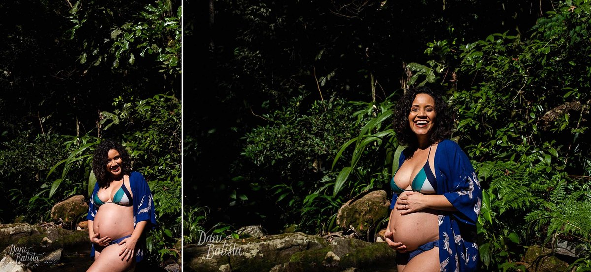 Gestante rindo durante Ensaio no rio dentro da Floresta da Tijuca