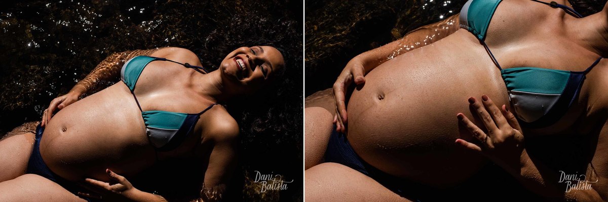 Gestante de bikini no rio durante Ensaio na Floresta da Tijuca