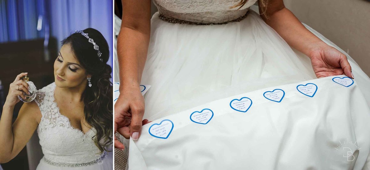 noiva passando perfume e detalhe do nome das amigas na barra do vestido.