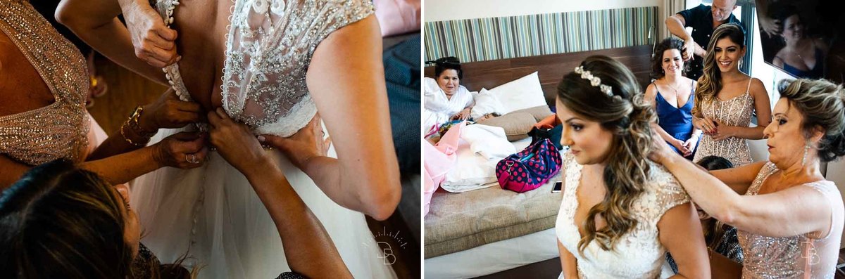 noiva colocando o vestido durante o Making of