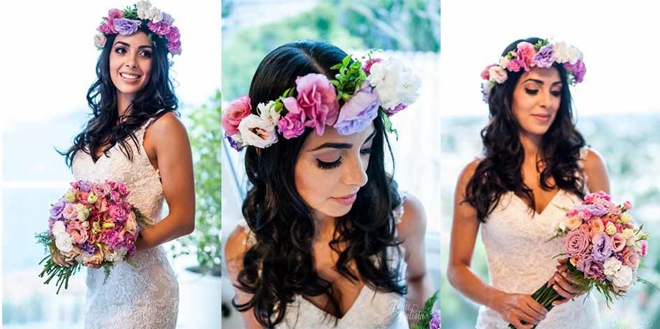 noiva de grinalda de flores e bouquet colorido