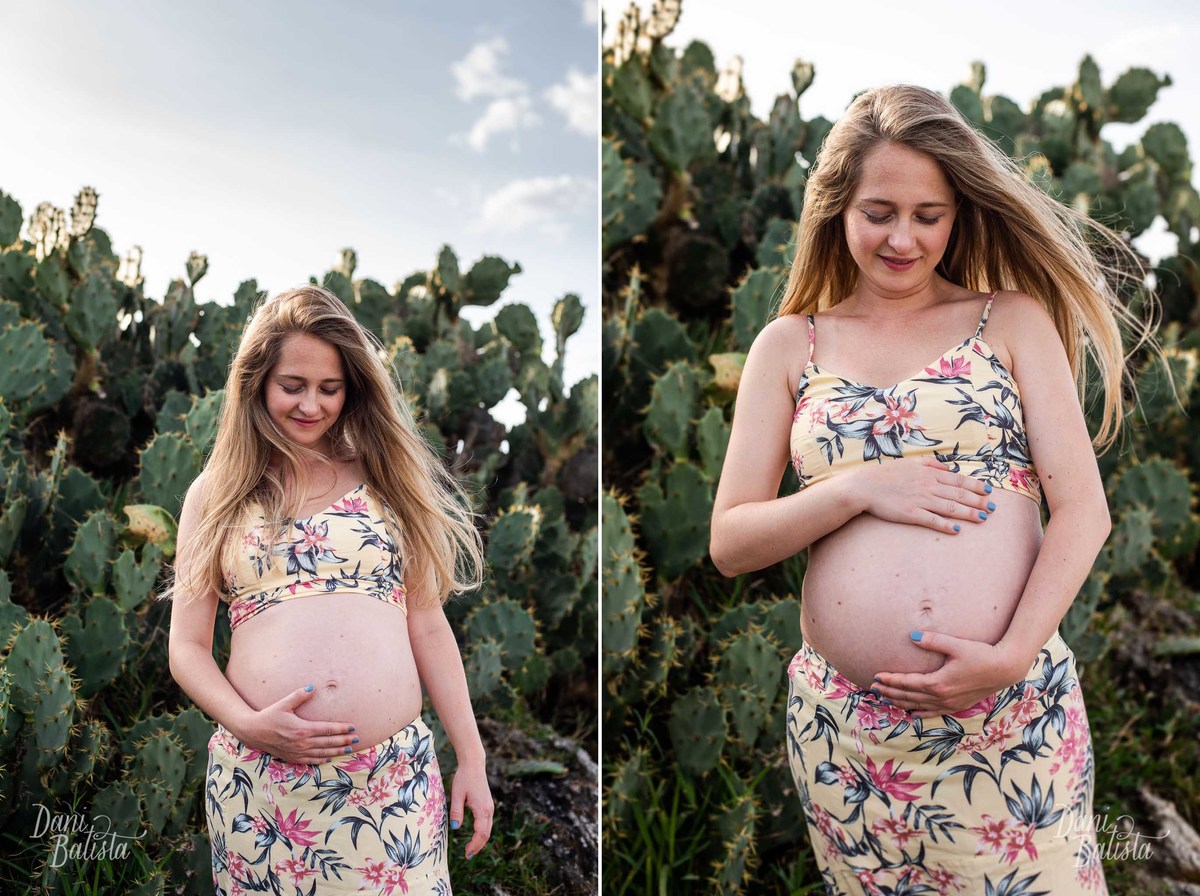 Gestante de top e saia durante ensaio no Arpoador
