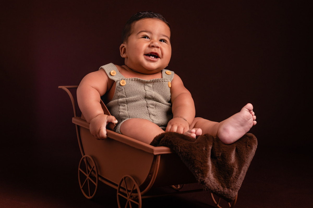 Bebê dentro do carrinho, sorrindo no seu ensaio de acompanhamento de 6 meses no Ander Lopes Fotografia em Taquara/RS