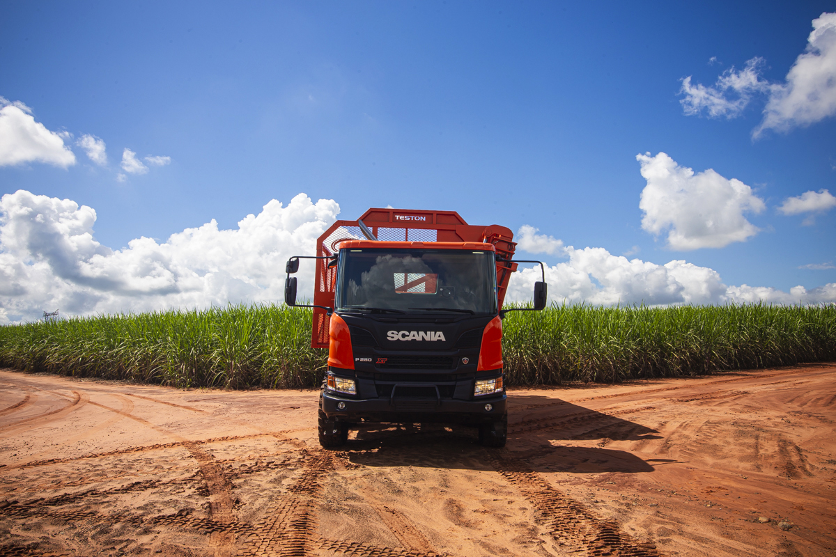 Veículo da Scania em frente a lavoura de cana de açucar, captado pelas lentes do fotografo especialista em fotografia institucional, comercial e publicitaria em Londrina PR.