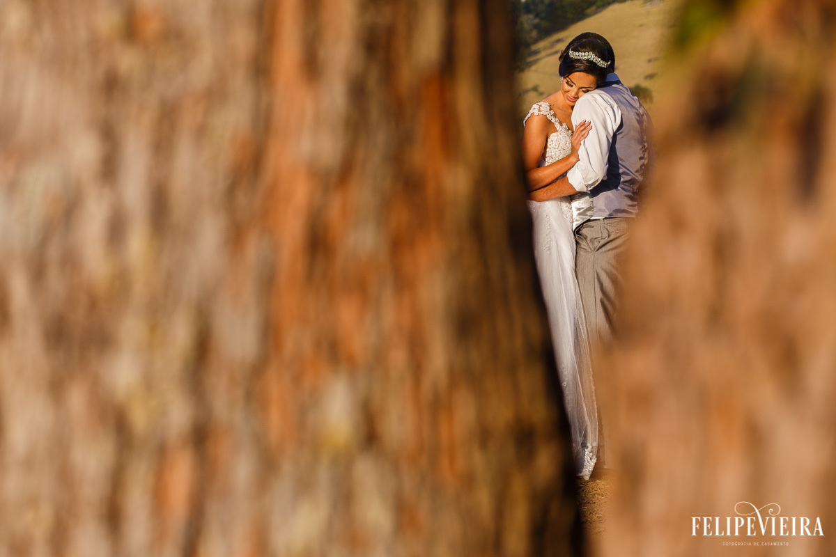 noivos abraçados com visão entre as árvores foto felipe vieira fotografo de casamentos guarapari
