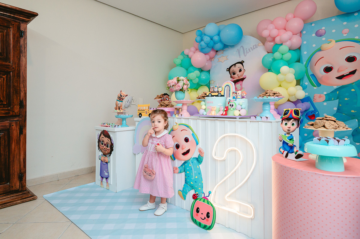 foto da mesa do bolo, vestido rosa para 2 anos, tema infantil