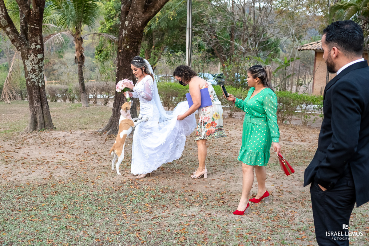 noiva brinca com seu cachorro na sua entrada do casamento