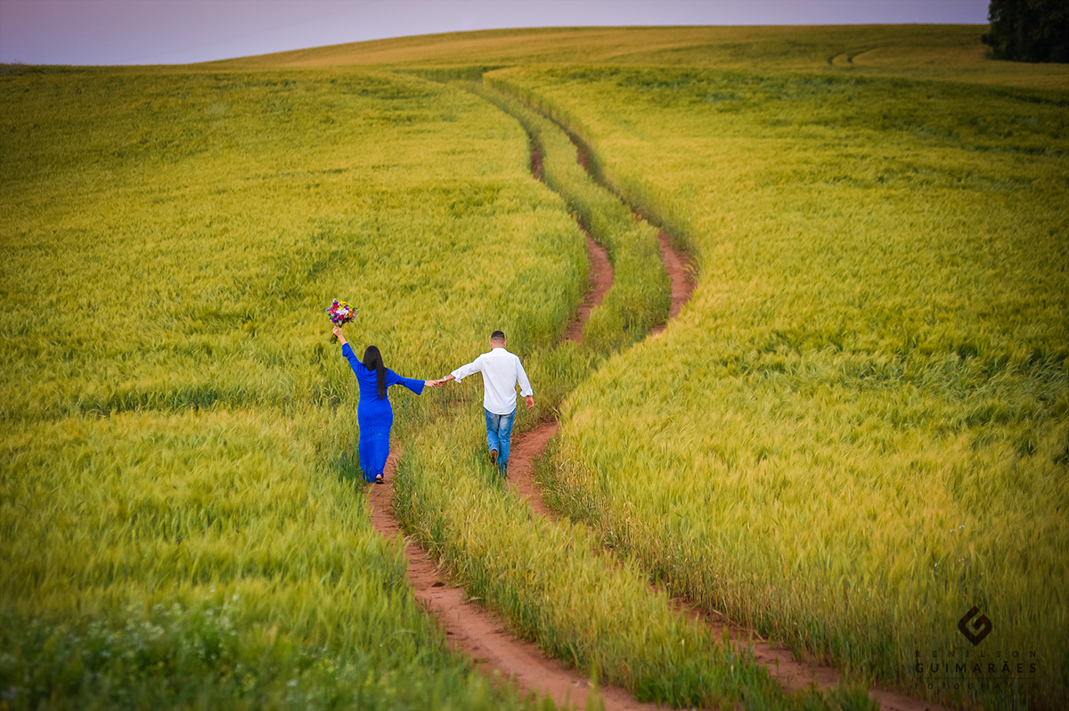 Fotos dos noivos andando no trigo