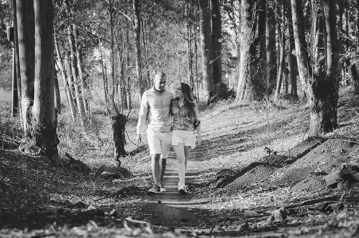 Noivos passeando entre eucaliptos
