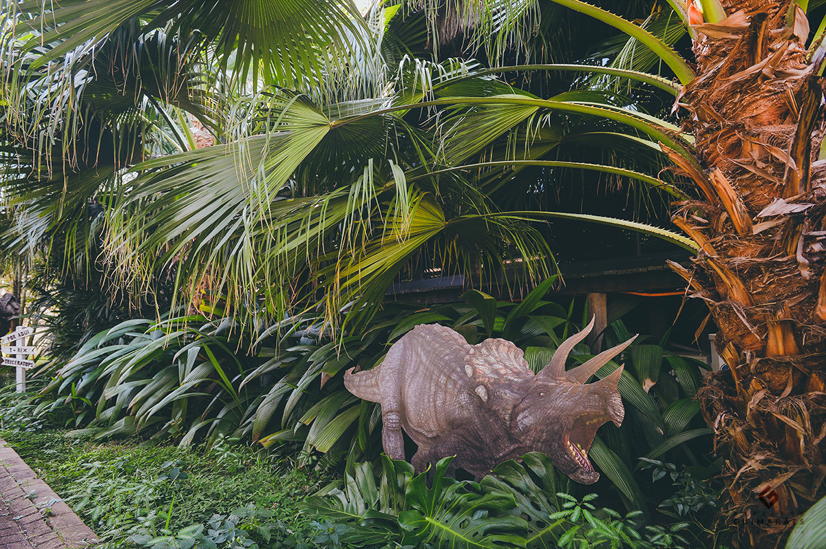 Recorte de papelão de dinossauro no jardim