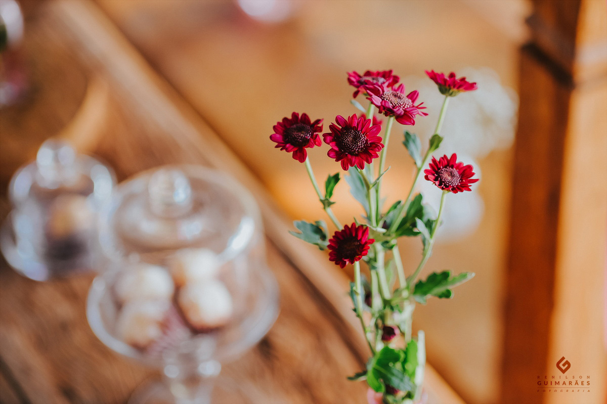 Flor vermelha na decoração da festa infantil