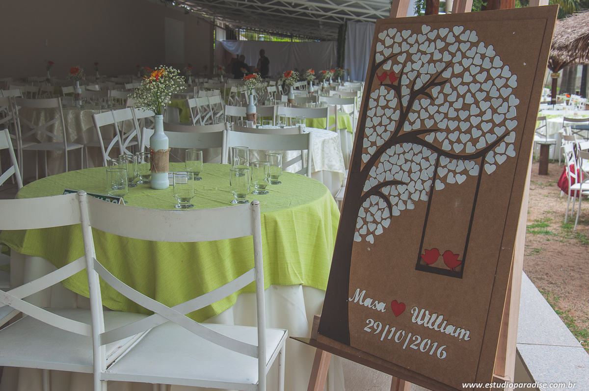 Disposição das mesas para casamento de dia ao ar livre com detalhe para o quadro de recados