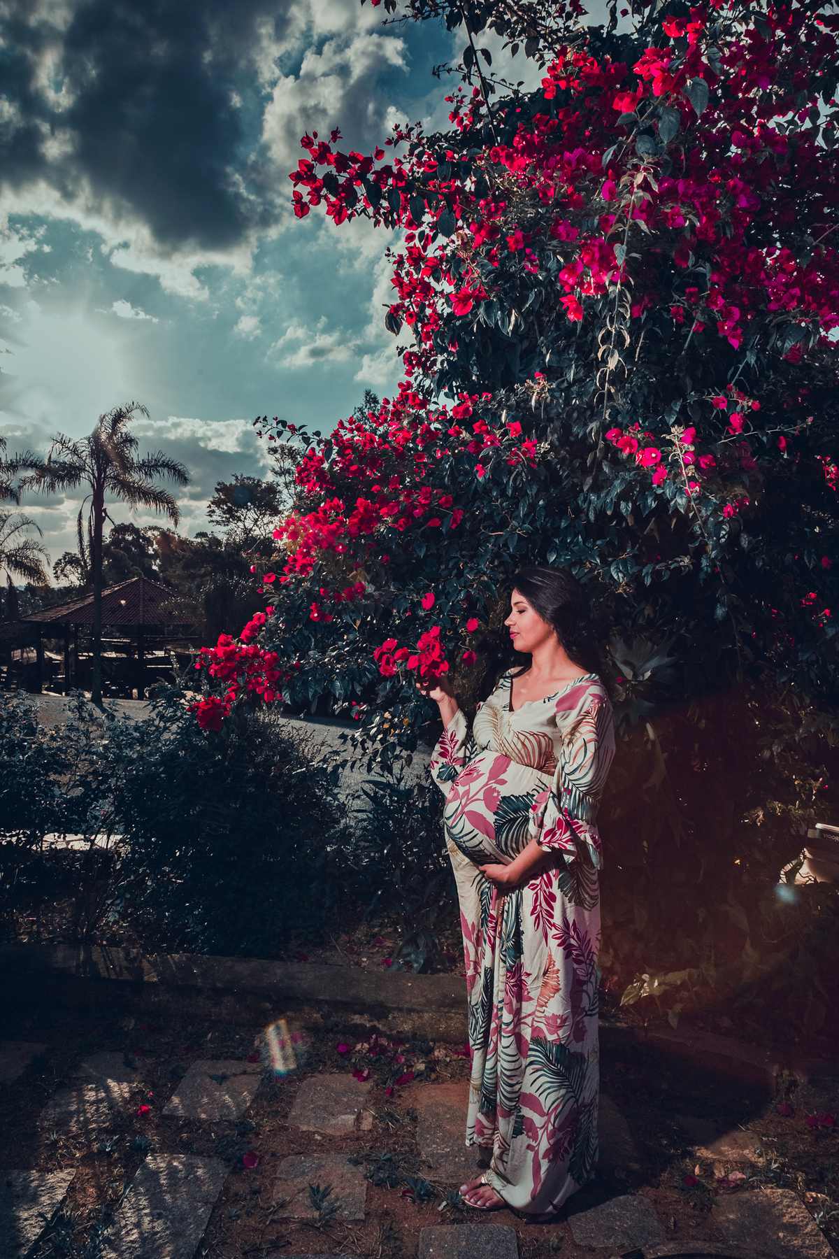 gestante com flores vermelhas em volta em ensaio realizado no aldeia parque pousada em são roque sp