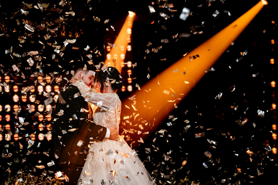Romantic portrait of the newlyweds on their wedding day.
