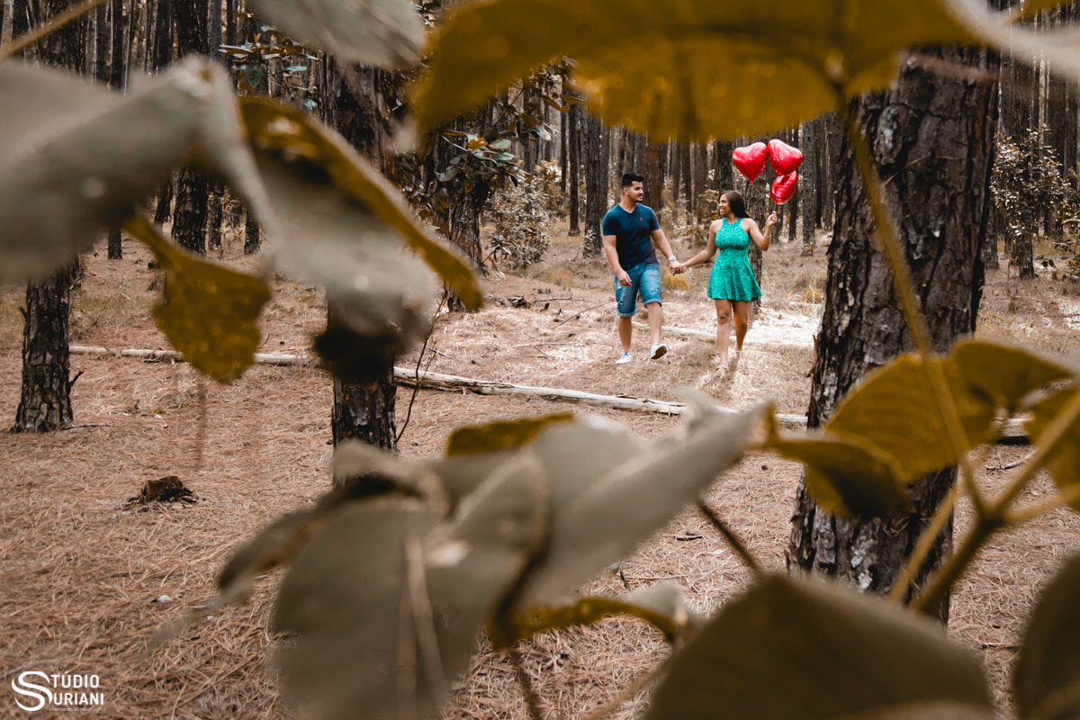 fotos com balão de coração vermelho na floresta