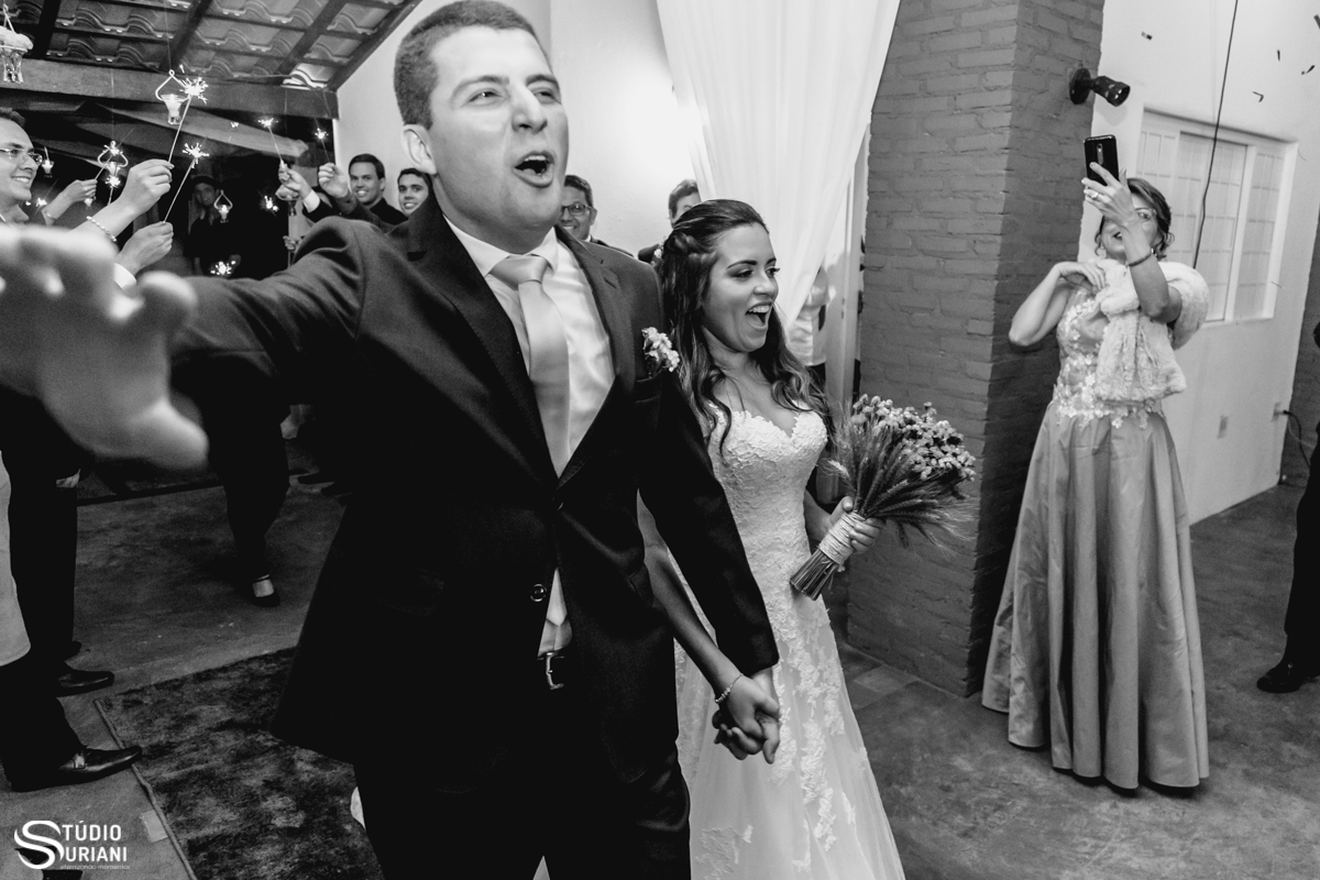 entrada dos noivos na recepção com muita alegria