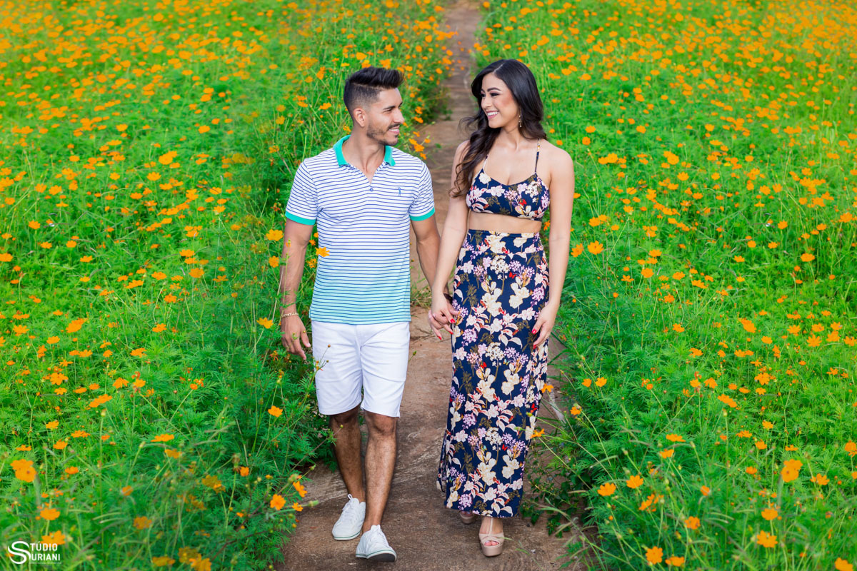 Lindo campo com flores amarelas para ensaio pré- casamento em Uberlândia 