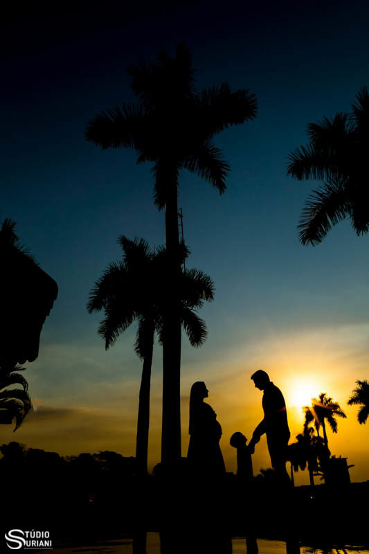 Fotos de gestante com lindo por do sol com papai e filho de silhueta 