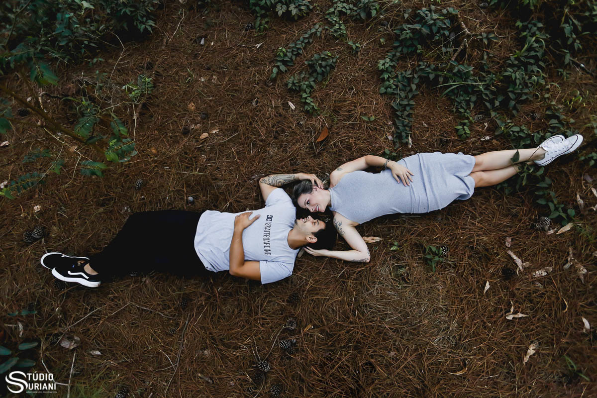 Deitados em floresta de pinhas namorando 